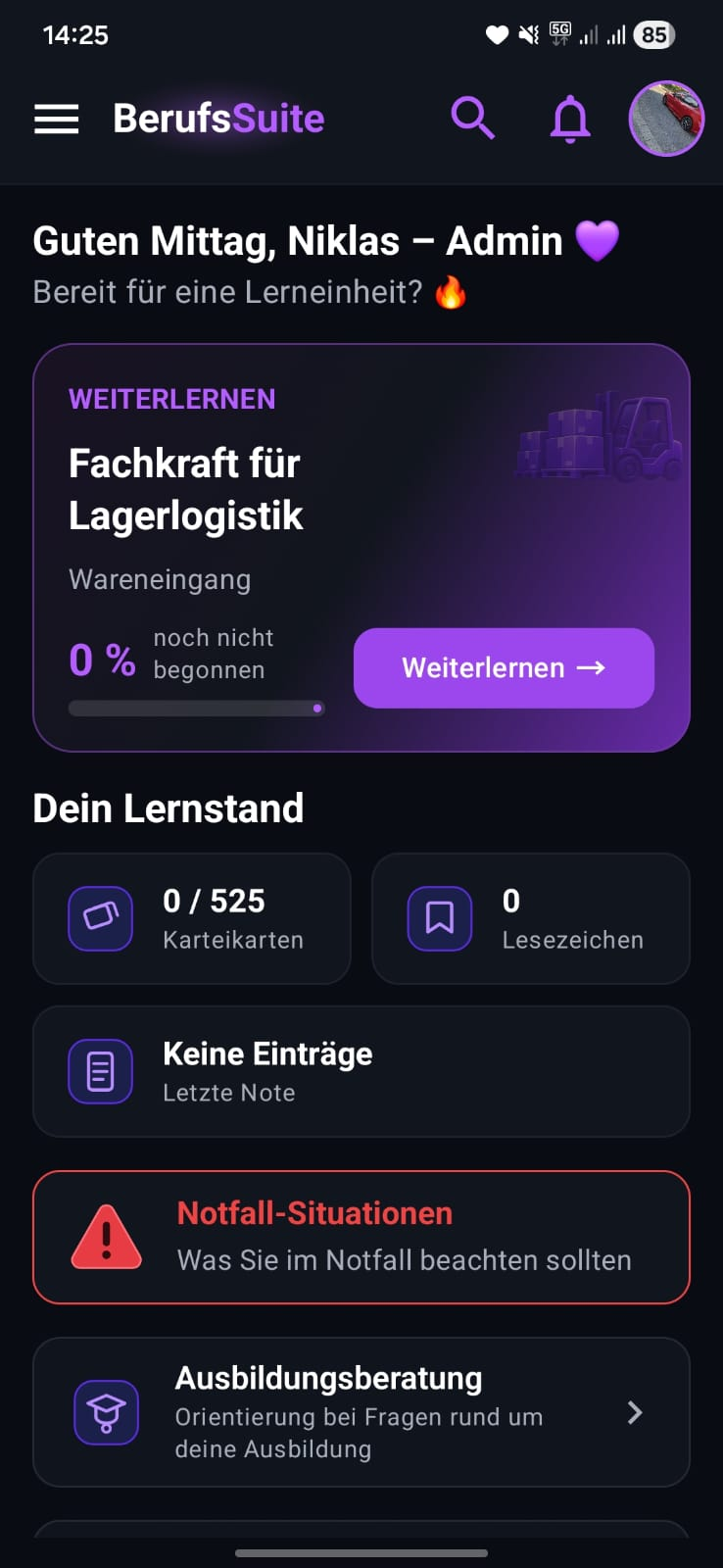 Aktueller Startbildschirm der BerufsSuite-App mit Begrüßung, Lernstand, Notfall-Situationen und Ausbildungsberatung